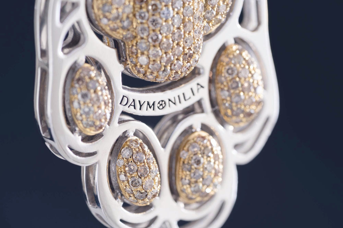 Da vicino: la fascia con l'incisione Daymonilia e la zampa nella O, intorno i cuscinetti in oro con il pave' di diamanti color miele.